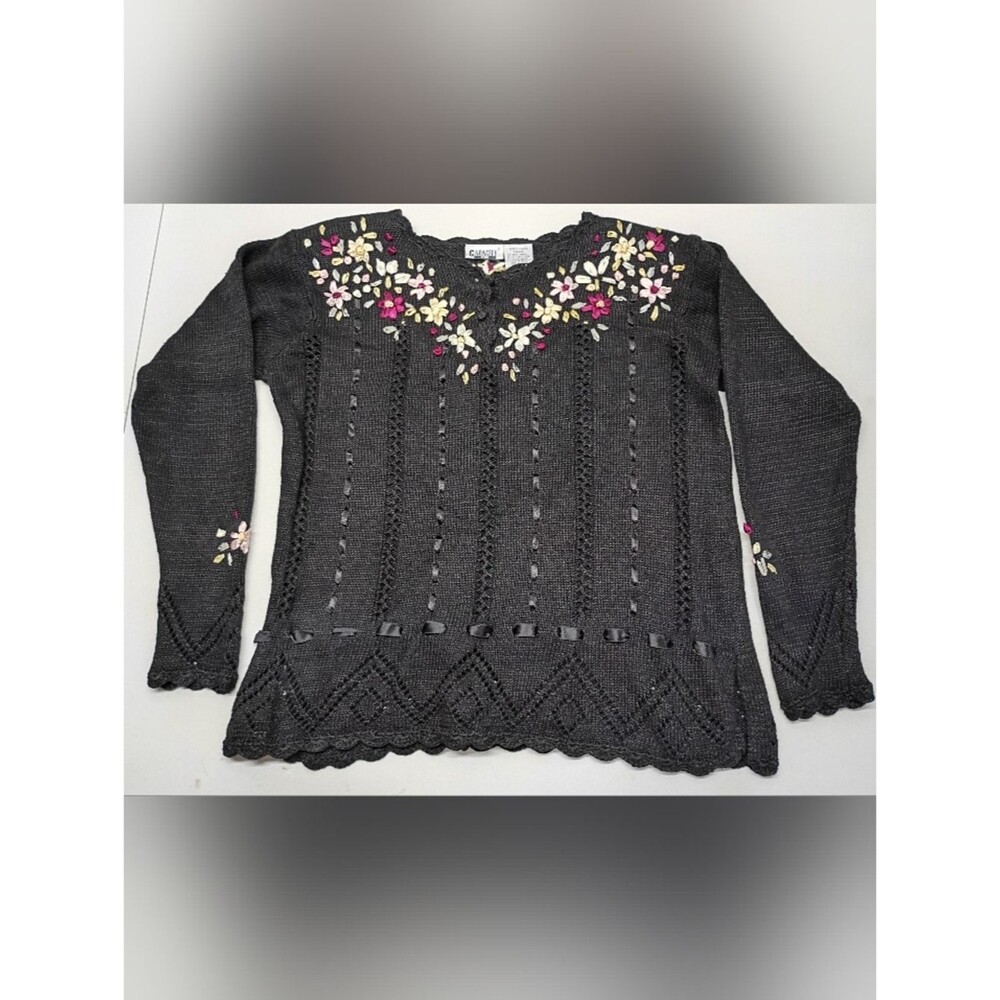 Vintage Capacity Petite Women's Knit Sweater Sz L Ribboned Floral Black